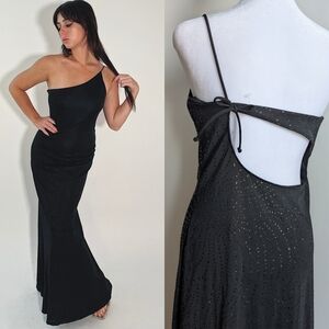 90s Vintage Edgy Black Glittery One-Shoulder Maxi Dress With Strappy Open Back S